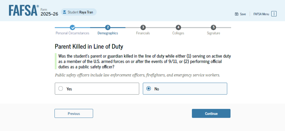 Fafsa guide screenshot parent killed in line of duty