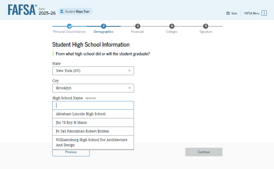 Fafsa guide screenshot student high school information