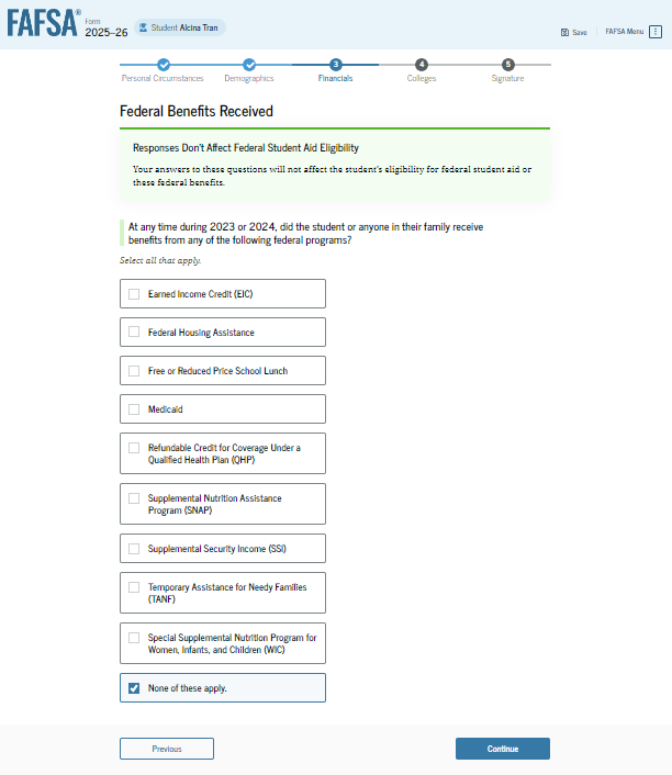 Fafsa guide screenshot federal benefits received