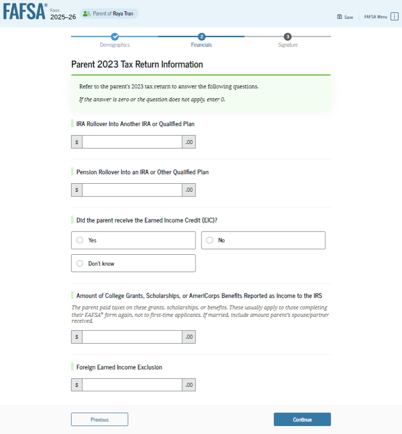 Fafsa guide screenshot parent tax return