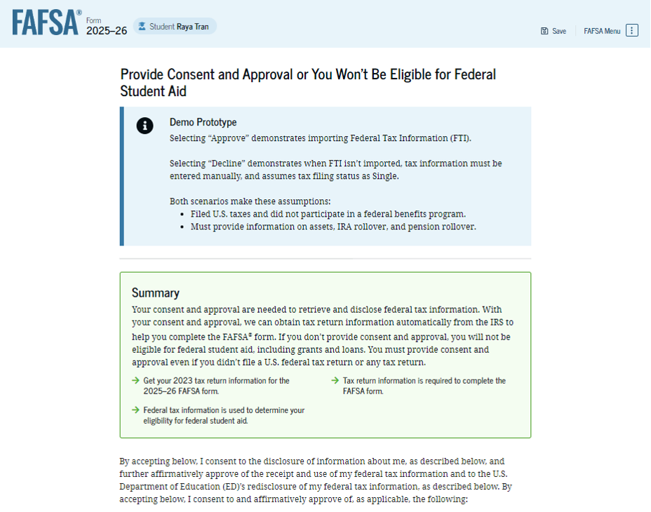 FAFSA guide screenshot consent to transfer to IRS