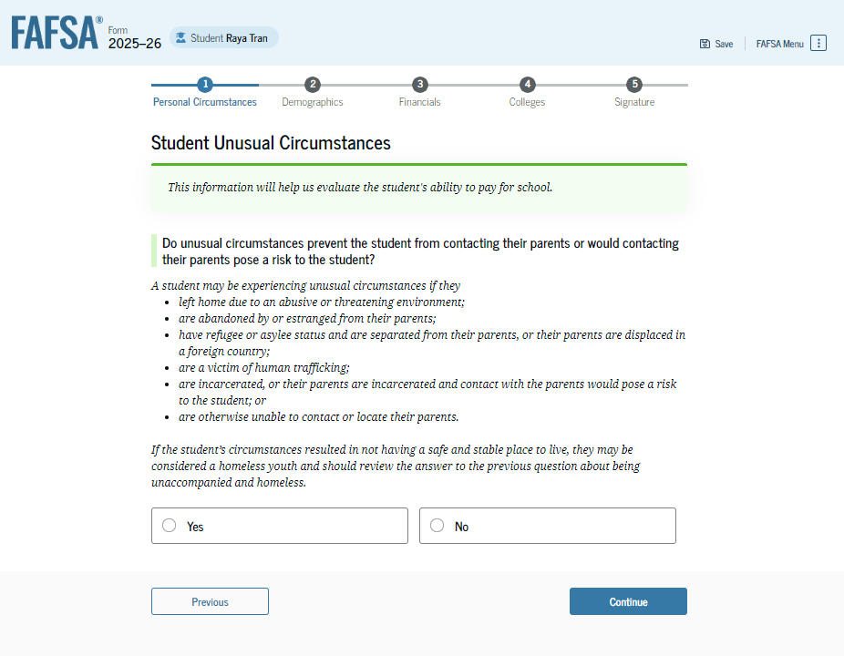 Fafsa guidr screenshot of student other circumstances.