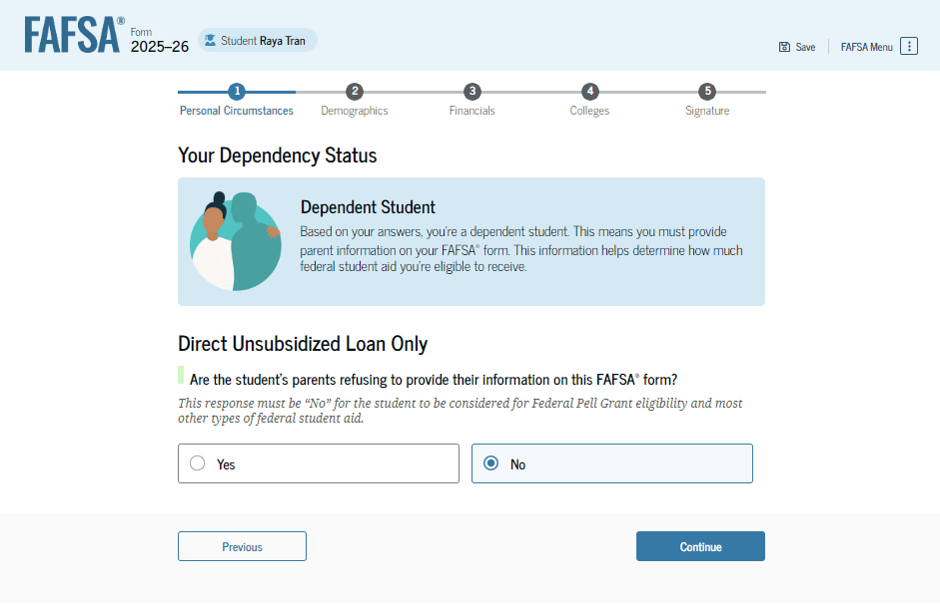 Fafsa guide screenshot of apply for a direct unsubsidized loan only.