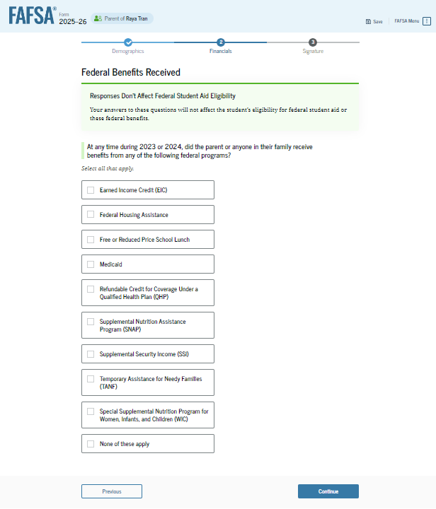 Fafsa guide screenshot federal benefits received