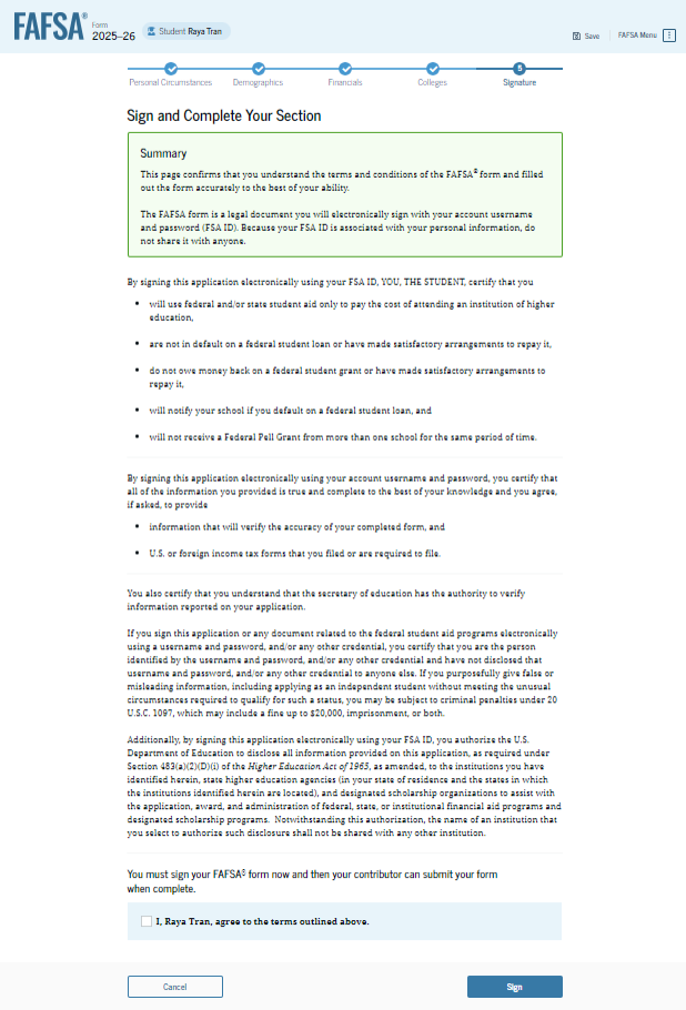 Fafsa guide screenshot student consent and signature